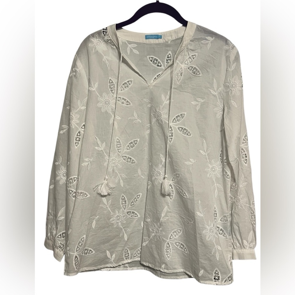 J. McLaughlin white cotton floral embroidered eyelet long sleeve blouse spring